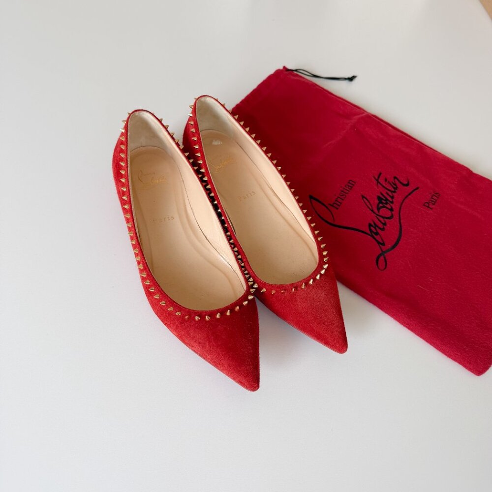 Gold studded red suede Christian Louboutin flats